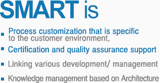 Smart is 고객 환경에 특화된 프로세스 커스터마이제이션, 국내외 소프트웨어 인증 및 품질보증 지원, SW 공학용 각종 개발/관리 도구 연계